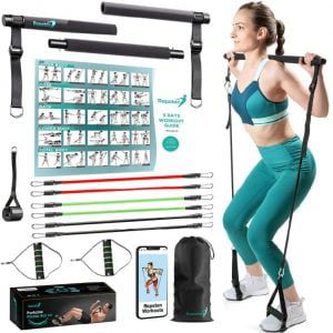 Premium Pilates Bar Kit with Resistance Bands - Full Body Workout Equipment - Portable Gym - at Home Workout Equipment - Fitness Equipment for Women and Men with Workout Videos