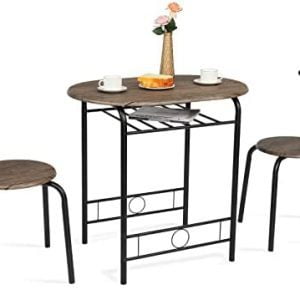 VINGLI 3 Piece Dining Set,Small Kitchen Table Set for 2,Breakfast Table Set for 2,Kitchen Wooden Table and 2 Chairs for Small Space/Dining Room/Apartment,Metal Frame,Wine Rack,Rustic
